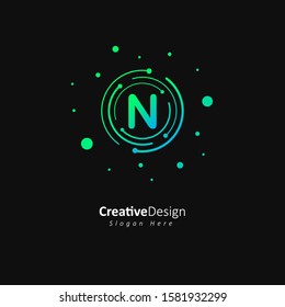 Initial letter n logo with gradation green and blue color, Technology and digital abstract dot connection