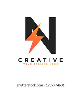 Initial Letter N Logo With Lighting Thunder Bolt. Alphabet Suitable for Fast, Power, Flash, Electric, Identity, Moving and Speed.