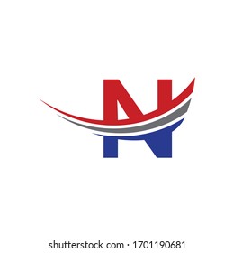 initial letter n logo swoosh wing red, blue and grey color