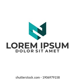 Initial letter N logo template with geometric fox head line art illustration in flat design monogram symbol