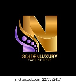 Plantilla del logotipo de la letra inicial N. Alfabeto letras oro con estilo de lujo.