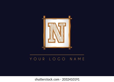 Initial Letter N Logo  with wood texture  and wooden frame icon logo design illustration  symbol