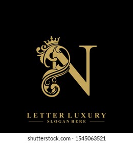 Initial letter N luxury beauty flourishes ornament with crown logo template.