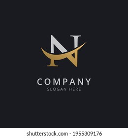 Initial letter N with luxury gold swoosh logo template