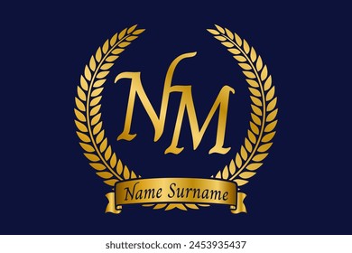 Initial letter N and M, NM monogram logo design with laurel wreath. Luxury golden calligraphy font.