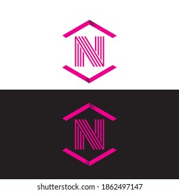 Initial letter N, minimalist line art monogram hexagon logo, pink color isolated on black and white.