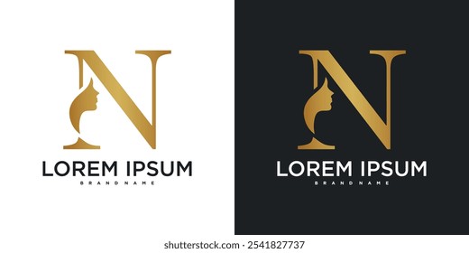 Diseño inicial del logotipo del monograma de la letra N y silueta de la cara de una mujer. Vector de Premium