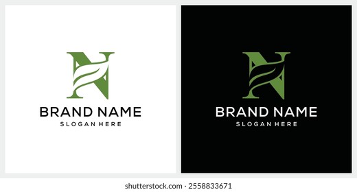 Initial letter N with natural leaf green logo design, for business, medical, health, beauty