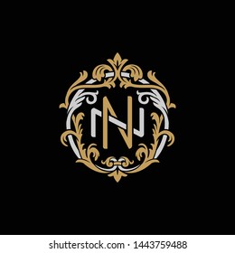 Initial letter N and N, NN, decorative ornament emblem badge, overlapping monogram logo, elegant luxury silver gold color on black background
