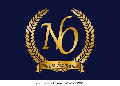 Initial letter N and O, NO monogram logo design with laurel wreath. Luxury golden emblem with calligraphy font.