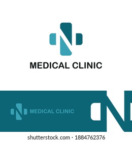 Initial letter N on medical cross icon for healthy, health care, and medicine logo design concept vector