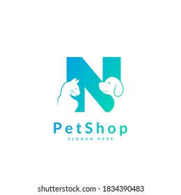Initial letter N. Pet logo design template. Modern animal icon for store, veterinary clinic, business service. Logo with cat and dog concept.
