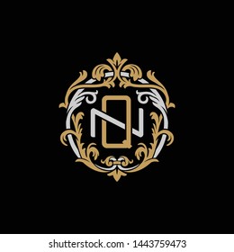 Initial letter N and Q, NQ, QN, decorative ornament emblem badge, overlapping monogram logo, elegant luxury silver gold color on black background