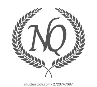 Letra inicial N y Q, diseño del logotipo del monograma de NQ con corona de laurel. Fuente de caligrafía de lujo.
