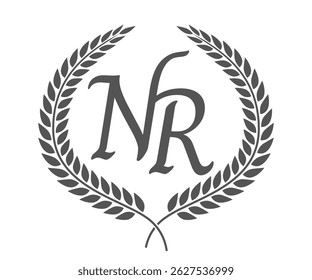 Initial letter N and R, NR monogram logo design with laurel wreath. Luxury calligraphy font.