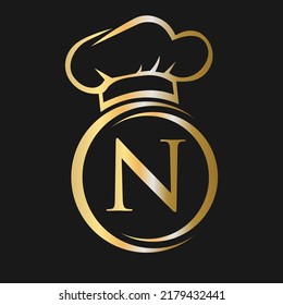 Initial Letter N Restaurant Logo Template. Restaurant Logo Concept with Chef Hat Symbol Vector Sign