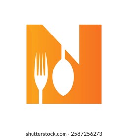 Initial Letter N Restaurant Logo Design Concept With Fork and Spoon Symbol