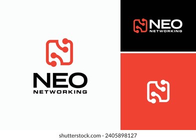 Initial Letter N with Rounded Square Line and Dots for Network Technology logo design 