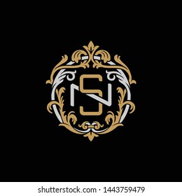 Initial letter N and S, NS, SN, decorative ornament emblem badge, overlapping monogram logo, elegant luxury silver gold color on black background