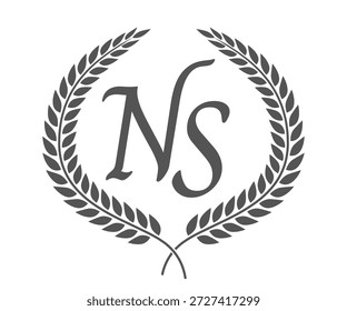 Letra inicial N e S, NS monograma design logotipo com coroa de louro. Fonte de caligrafia de luxo.