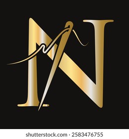 Initial Letter N Sewing Needle Logo Design for Embroider, Textile, Fashion, Cloth, Fabric Symbol