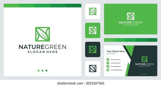 initial letter n shape inspiration with leaf logo. business card template design