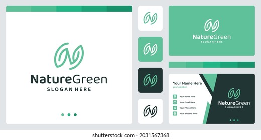 initial letter n shape inspiration with leaf logo. business card template design