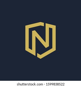 initial Letter N with Shield frame line art element. Shield Line geometry  for Security logo. Logo Icon Template for Web and Business Card, Letter Logo Template on Black Background. - vector