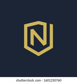 initial Letter N with Shield frame line art element. Shield Line geometry  for Security logo. Logo Icon Template for Web and Business Card, Letter Logo Template on Black Background. - vector