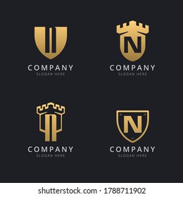 Initial Letter N and shield with golden style