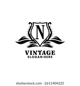 Initial Letter N with shield and leaf logo design vector. Vintage Letter N logo design vector icon