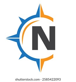 Initial Letter N Ship Logo Concept With Compass Symbol Vector Template