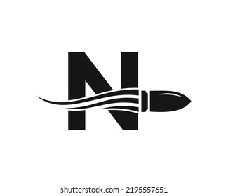 Initial Letter N Shooting Bullet Logo With Concept Weapon For Safety And Protection Symbol