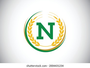 Initial letter N sign symbol with wheat ears wreath. Organic wheat farming logo design concept. Agriculture logo design vector template.