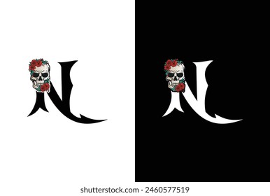 Initial Letter N Skull Logo Design. Minimal silhouette skull logo vector with letter N logo design illustration.
