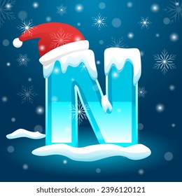 Initial Letter N with snowflake and Santa hat element, snow lettering template vector illustration. Alphabet with snow vector template.  Winter text vector usable for New Year or Christmas.