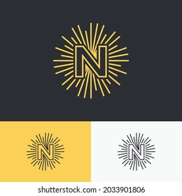 letra inicial n con el diseño del logotipo del símbolo del sol. plantilla de alfabeto gráfico vectorial mínima.