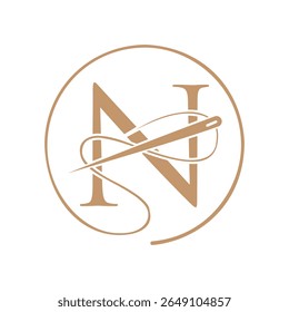 Letra inicial N logotipo alfaiate, agulha e logotipo de linha para vestuário, bordado, têxtil, moda, pano, sinal de tecido