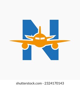 Initial Letter N Travel Logo Concept With Flying Air Plane Symbol