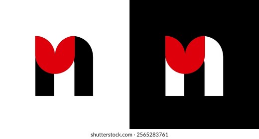 Initial letter N tulip love heart book logo template black white red	