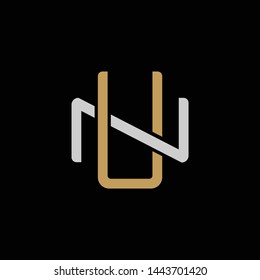 Initial letter N and U, NU, UN, overlapping interlock logo, monogram line art style, silver gold on black background