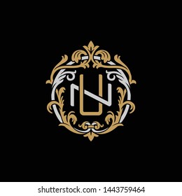 Initial letter N and U, NU, UN, decorative ornament emblem badge, overlapping monogram logo, elegant luxury silver gold color on black background