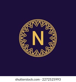 initial letter N unique ancient medallion circle emblem frame logo