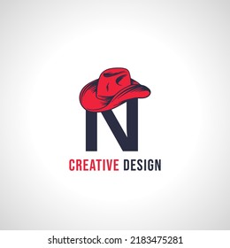 Initial Letter N Vector Logo Design with Red Cowboy Hat