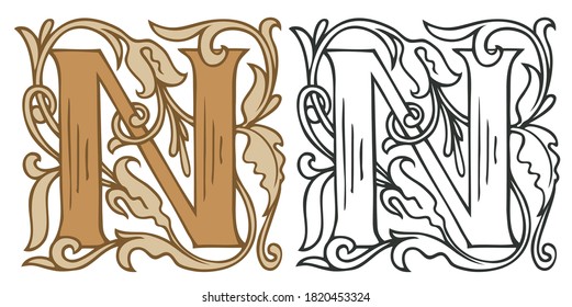 Initial letter N with vintage Baroque decorations. Two vector uppercase letters N in beige and black-white colors. Beautiful filigree capital letter to use for monogram, logo, emblem, card, invitation