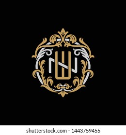 Initial letter N and W, NW, WN, decorative ornament emblem badge, overlapping monogram logo, elegant luxury silver gold color on black background
