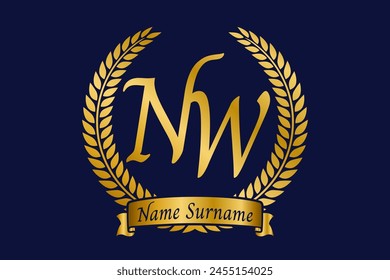 Initial letter N and W, NW monogram logo design with laurel wreath. Luxury golden calligraphy font.