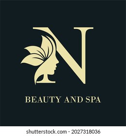 Initial Letter N With Woman Female Face and Leaves for Beauty Spa Cosmetic Salon and natural Skin care Business Logo Concept Design