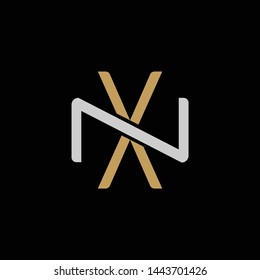 Initial letter N and X, NX, XN, overlapping interlock logo, monogram line art style, silver gold on black background