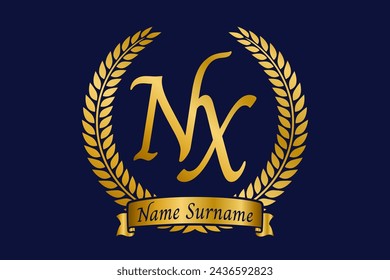 Initial letter N and X, NX monogram logo design with laurel wreath. Luxury golden emblem with calligraphy font.